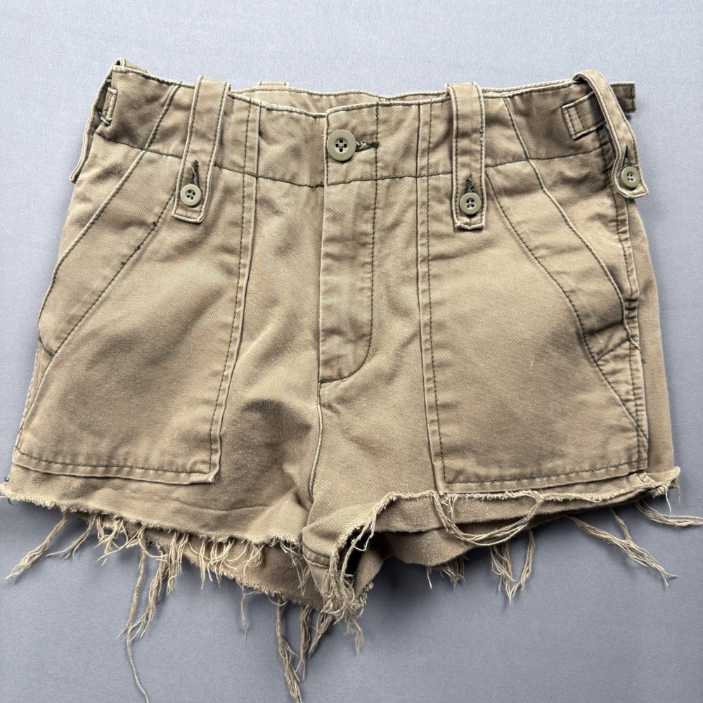 Free‎ People Khaki Tan Frayed Hem Utility Military Mini Shorts Size 0